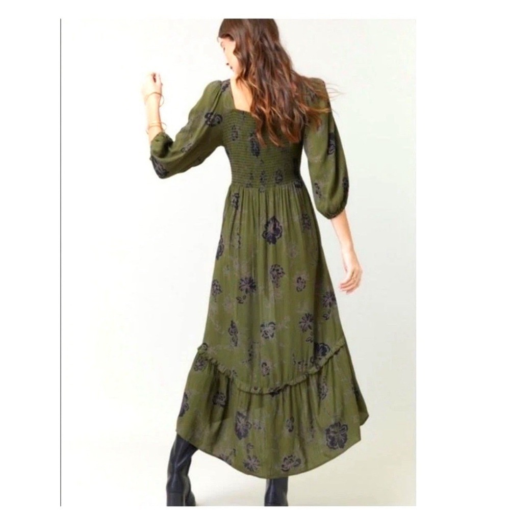 Angie Midi Dress Size M Olive Green Boho/Festival3/4 Sleeve Tiered Gypsy V-Neck - Picture 2 of 11
